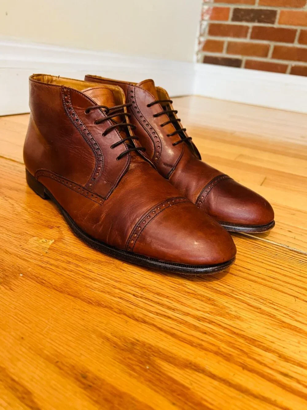 VTG Bostonian Oxford Ankle Boots Mens 9.5 Brown Leather Lace Up Chukka Italy